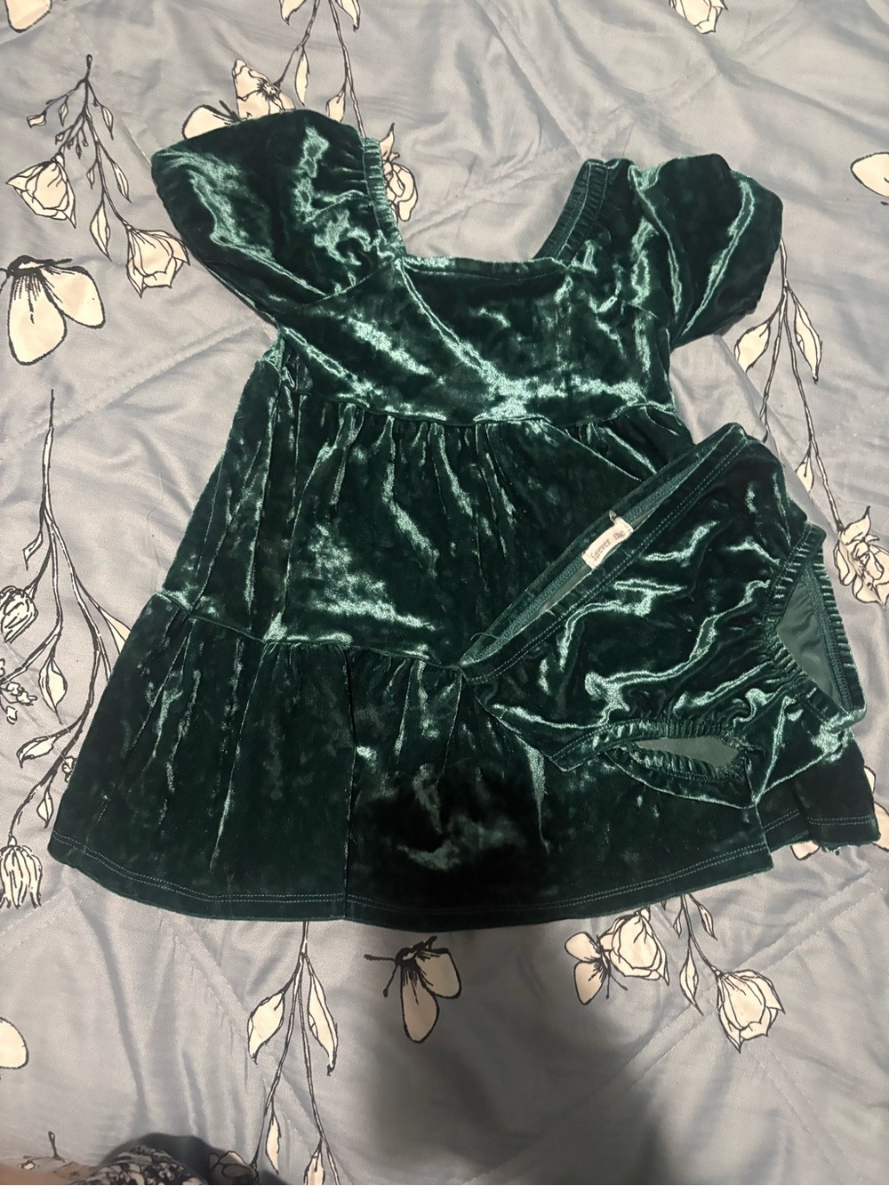 Girls Velvet Tiered Dress with Matching Bloomers - Dark Green